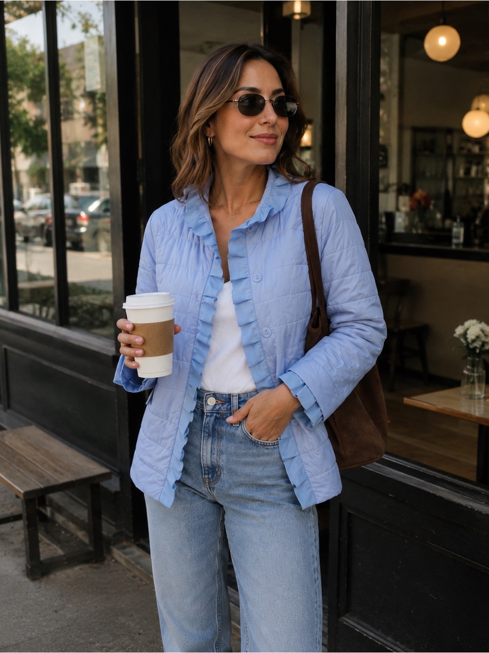 PATTY KIM Light Blue Quilted Ruffle-Trim Puffer Jacket